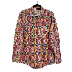 Vintage Mens Long Sleeve Button Down Aztec Print Shirt Large